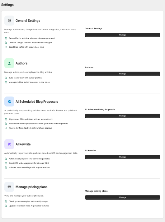 The five entries on the Settings page: General Settings, Authors, AI Scheduled Blog Proposals, AI Rewrite, and Manage pricing plans