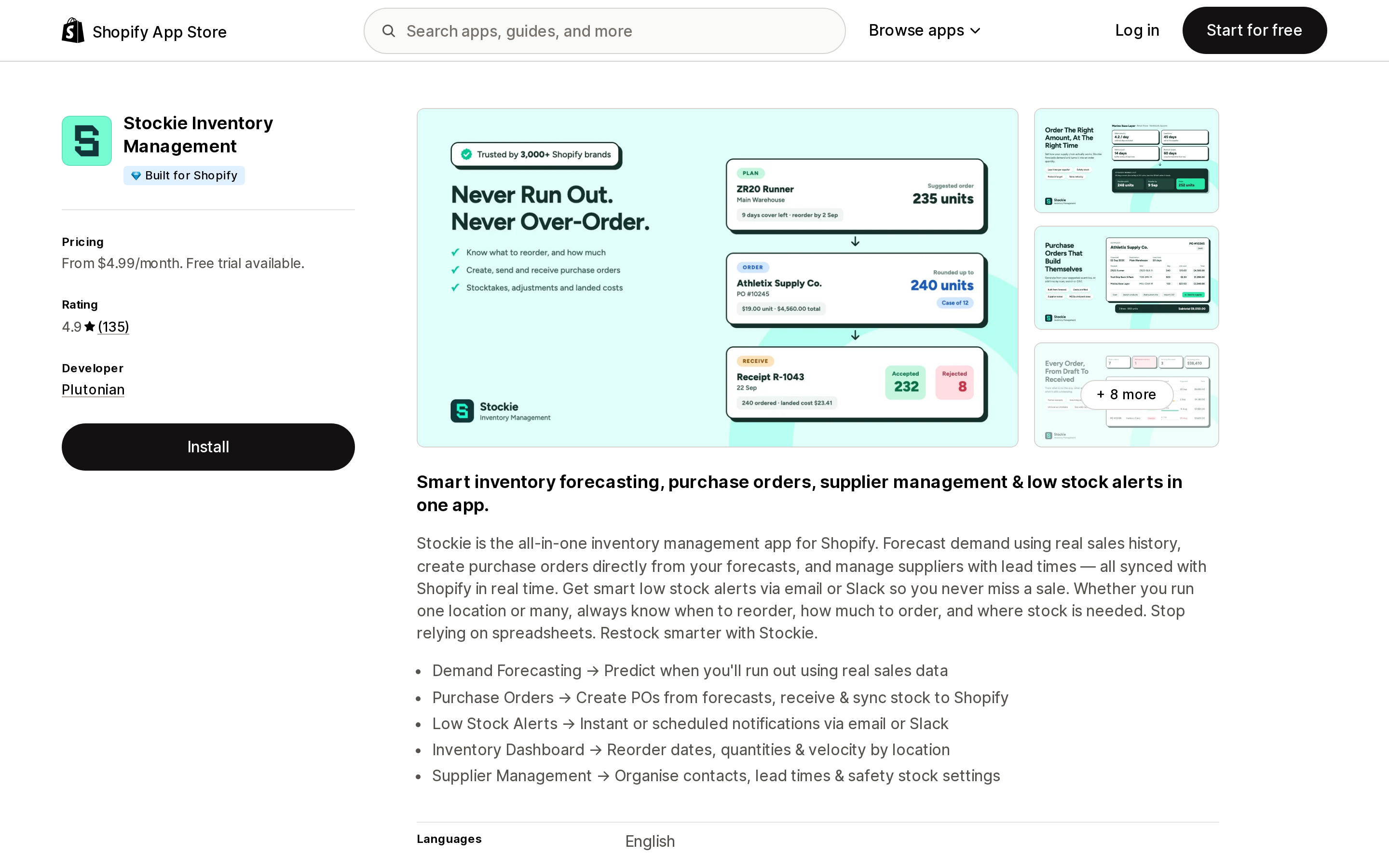 Top of the Shopify App Store listing page for Stockie Inventory Management, showing the Built for Shopify badge