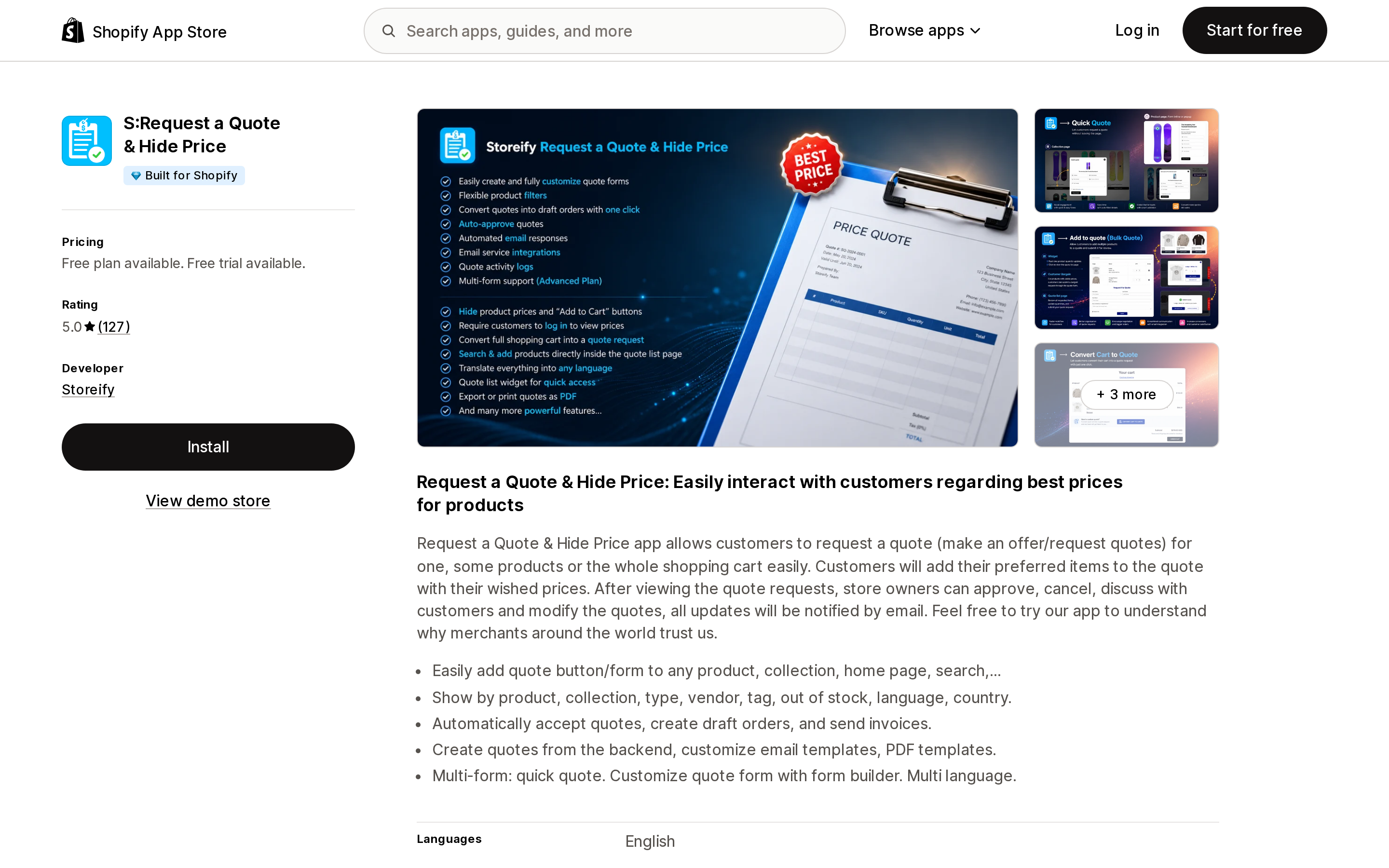 Top of the Shopify App Store listing page for S a Quote & Hide Price by Storeify