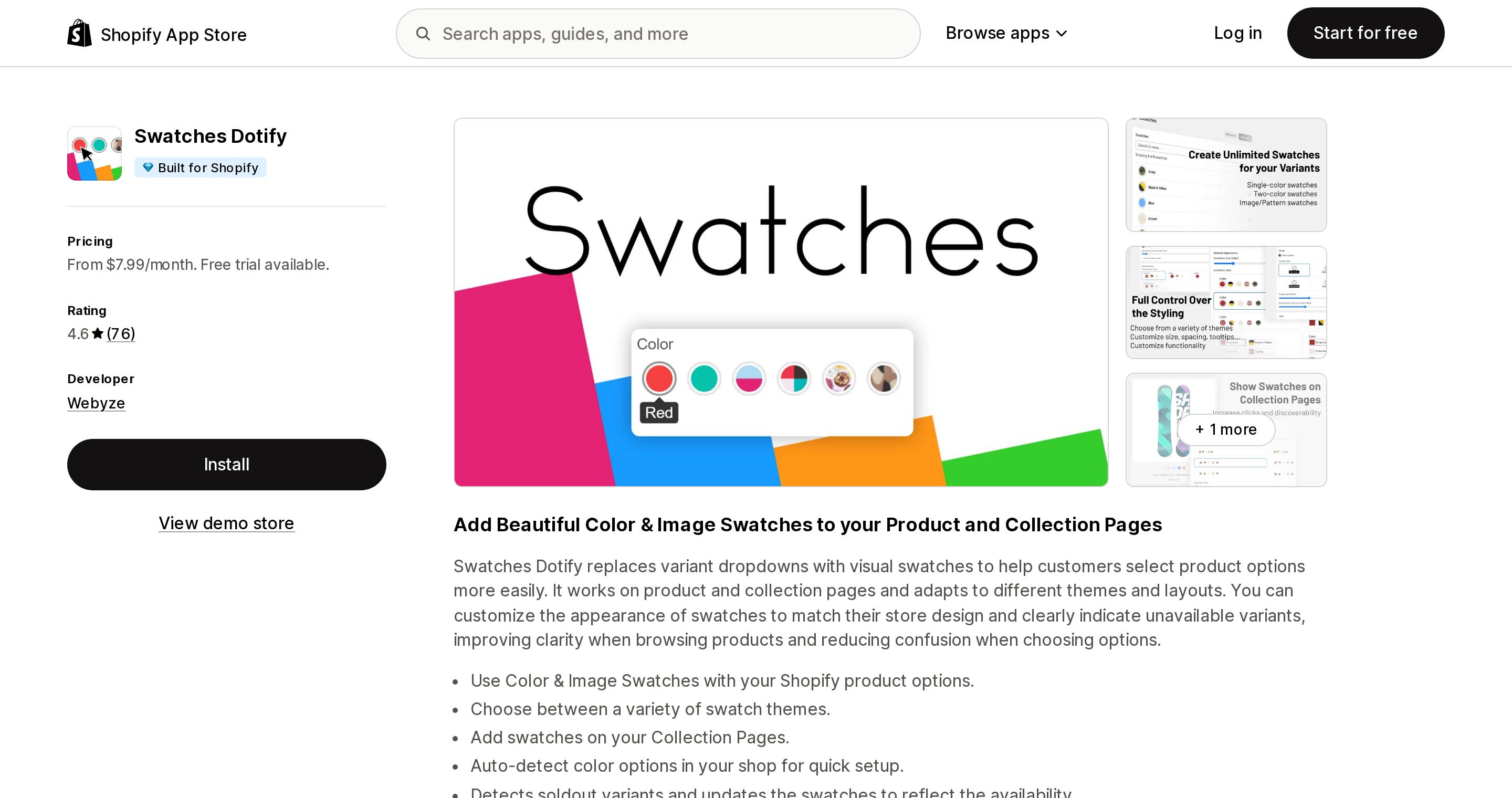 Top of the Shopify App Store listing page for Swatches Dotify