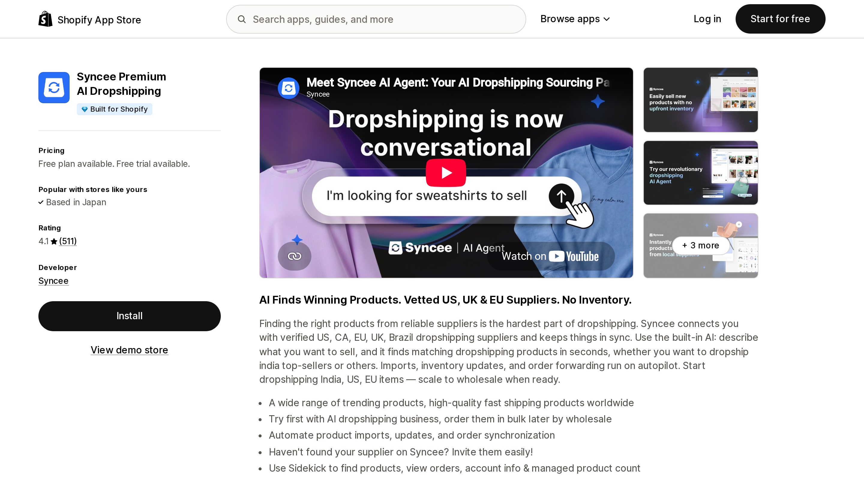 Top of the Shopify App Store listing page for Syncee Premium AI Dropshipping
