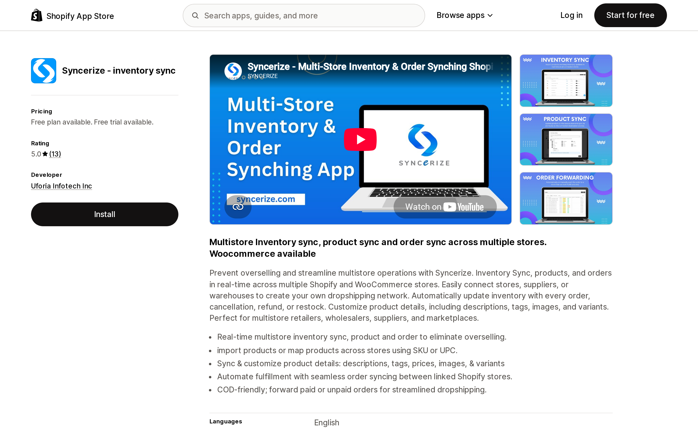 Top of the Shopify App Store listing page for Syncerize ‑ inventory sync