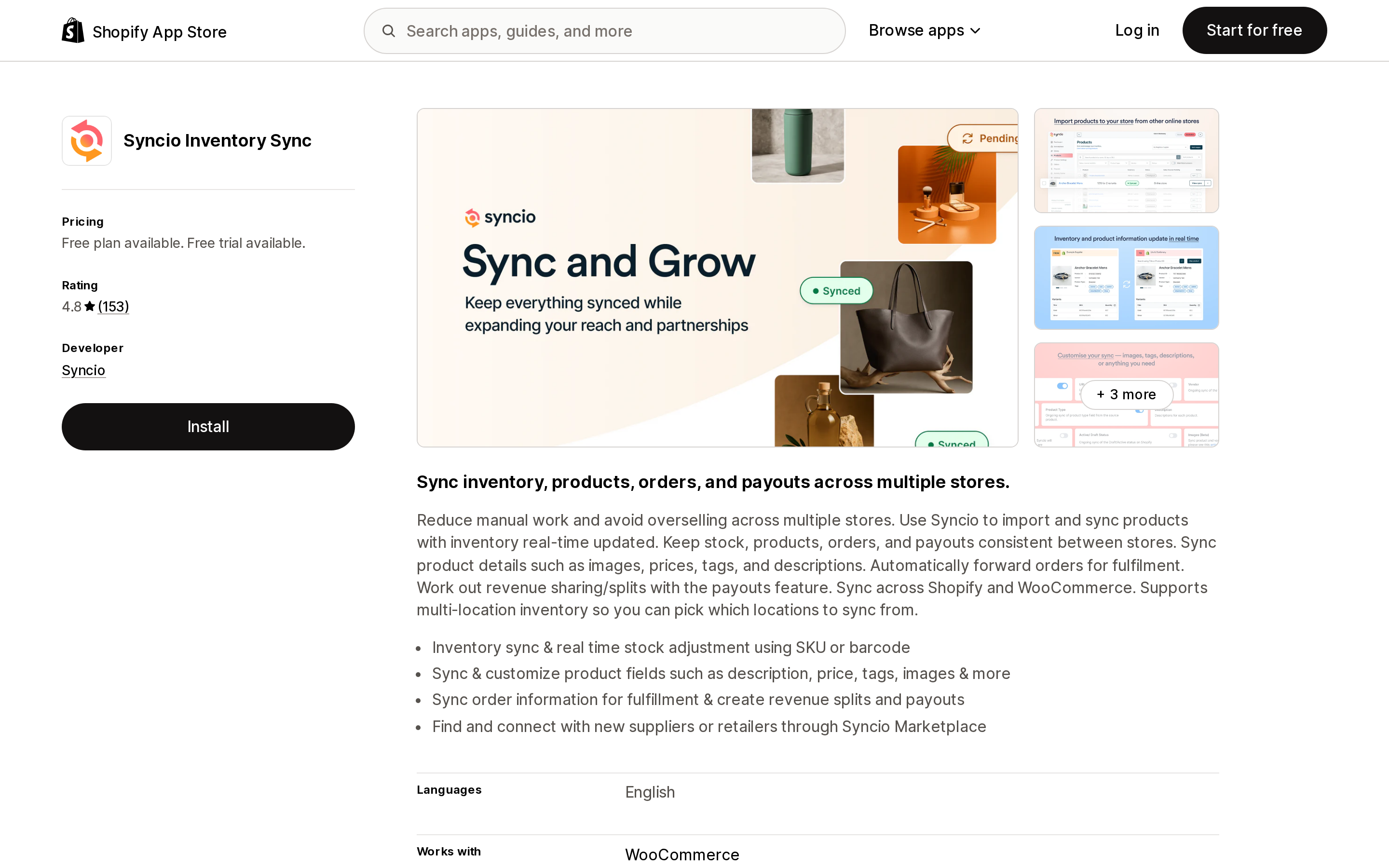 Top of the Shopify App Store listing page for Syncio Inventory Sync