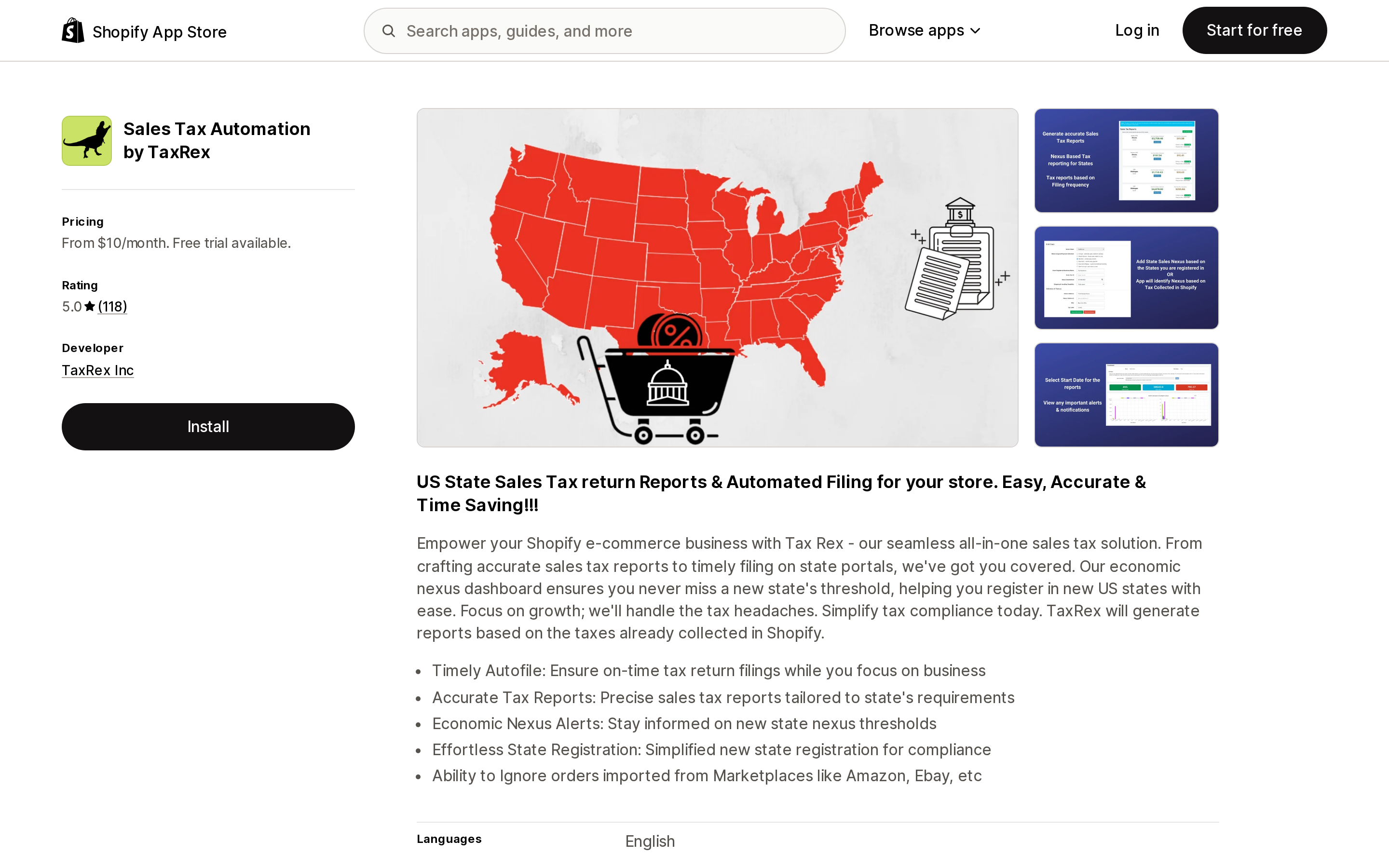 Top of the Shopify App Store listing page for Sales Tax Automation by TaxRex