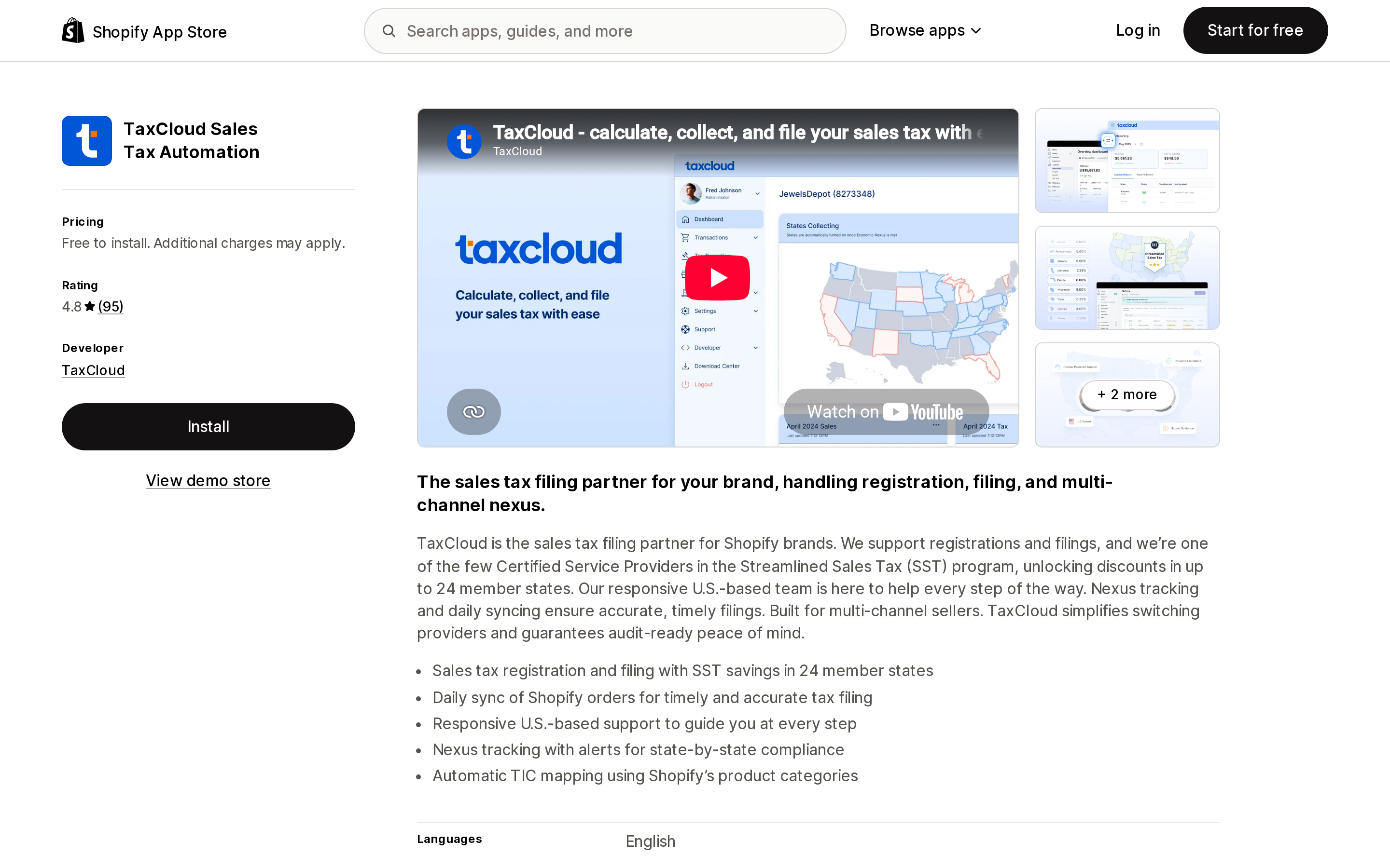 Top of the Shopify App Store listing page for TaxCloud Sales Tax Automation