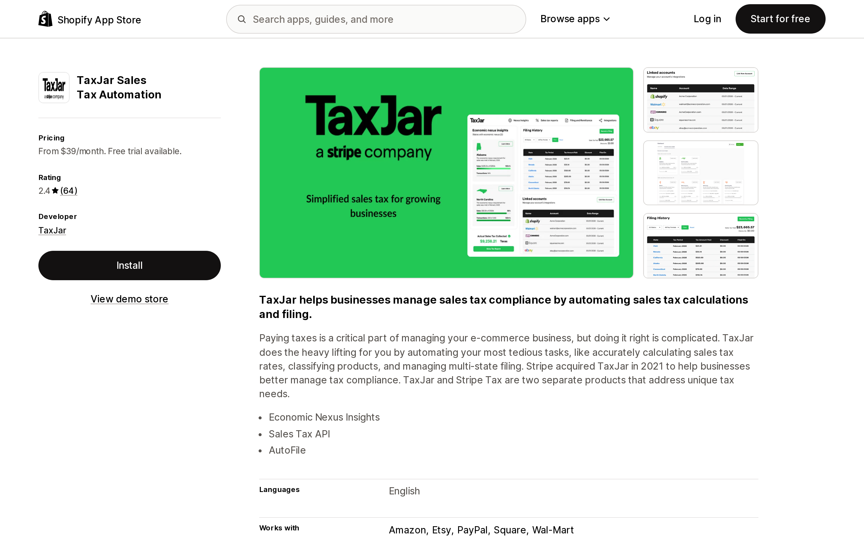 Top of the Shopify App Store listing page for TaxJar Sales Tax Automation, showing a 2.4 rating