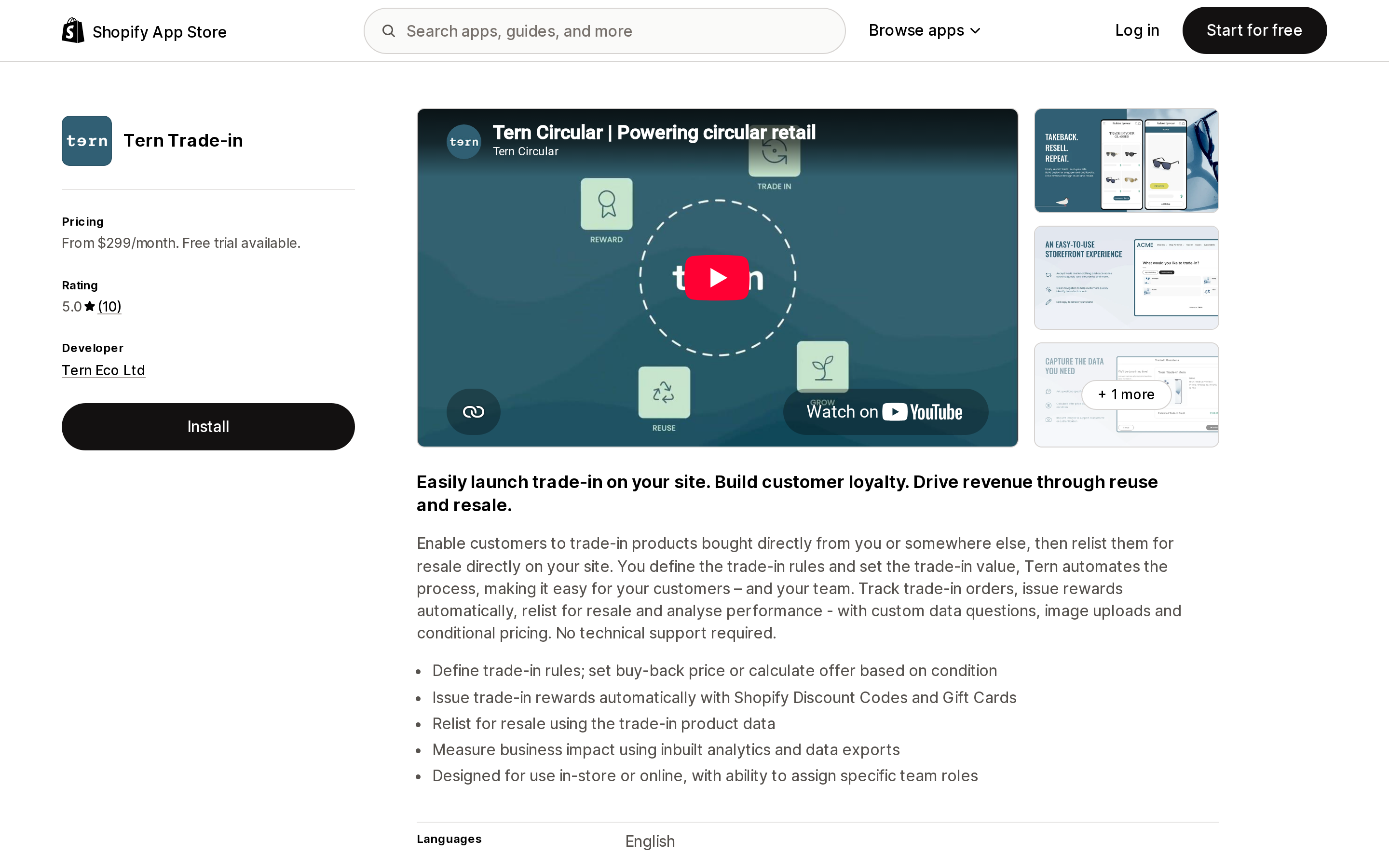 Top of the Shopify App Store listing page for Tern Trade‑in