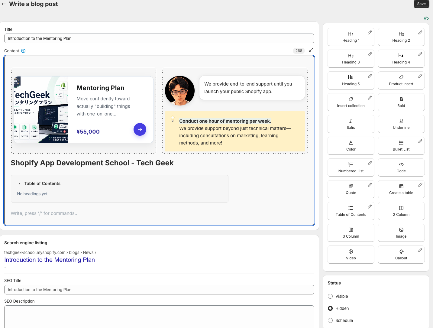 The Smart Agent Blog editor combining a product card, a speech bubble, a callout, a heading, and a Table of Contents block, with the insert menu on the right.
