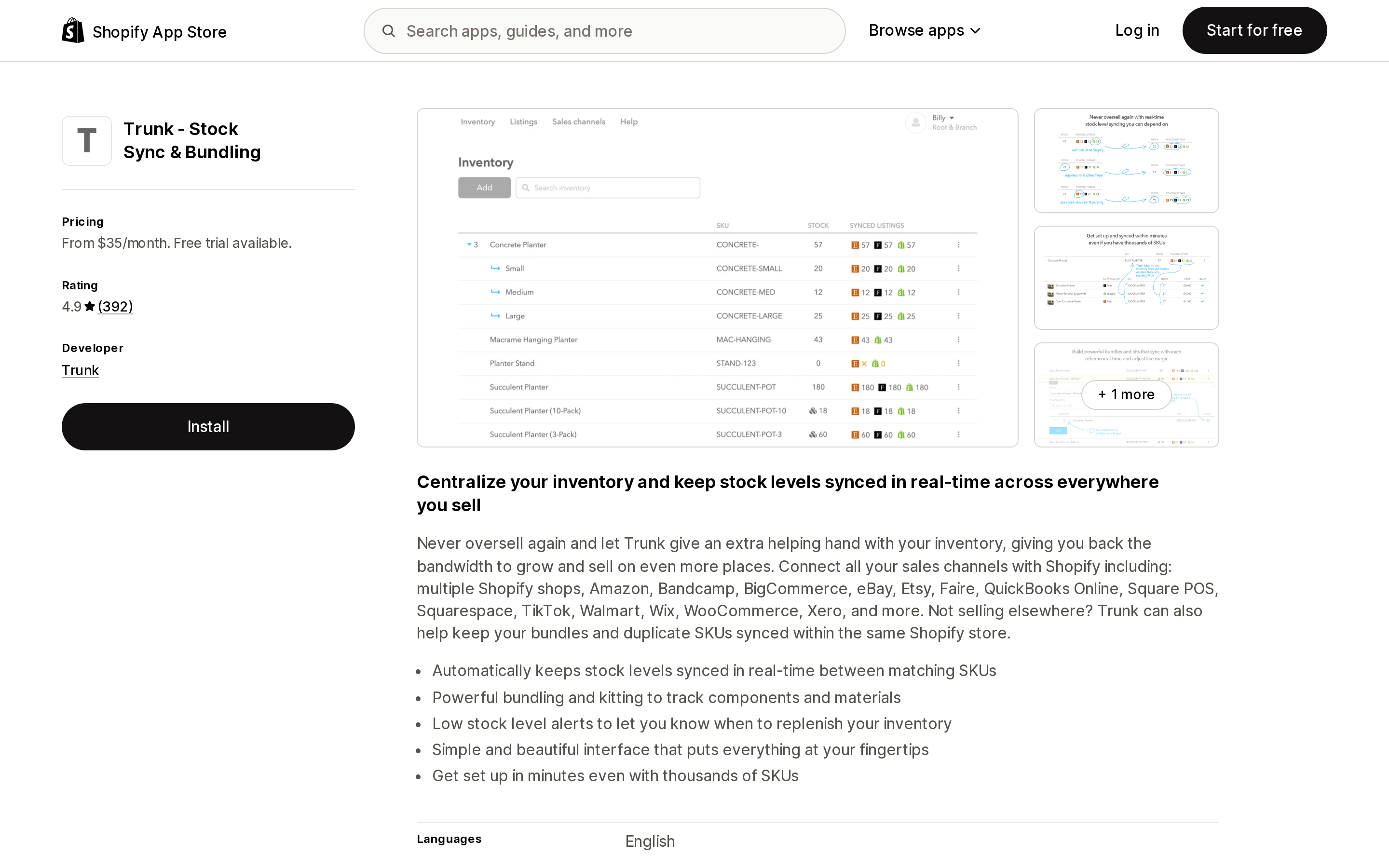 Top of the Shopify App Store listing page for Trunk ‑ Stock Sync & Bundling