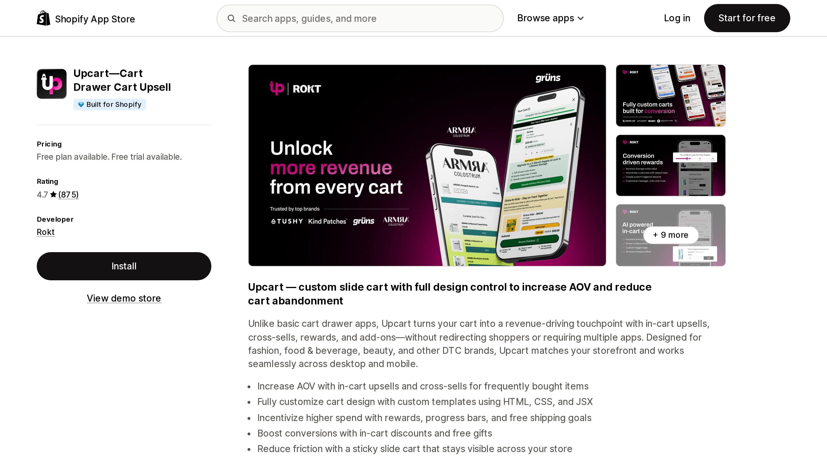 Top of the Shopify App Store listing page for Upcart—Cart Drawer Cart Upsell