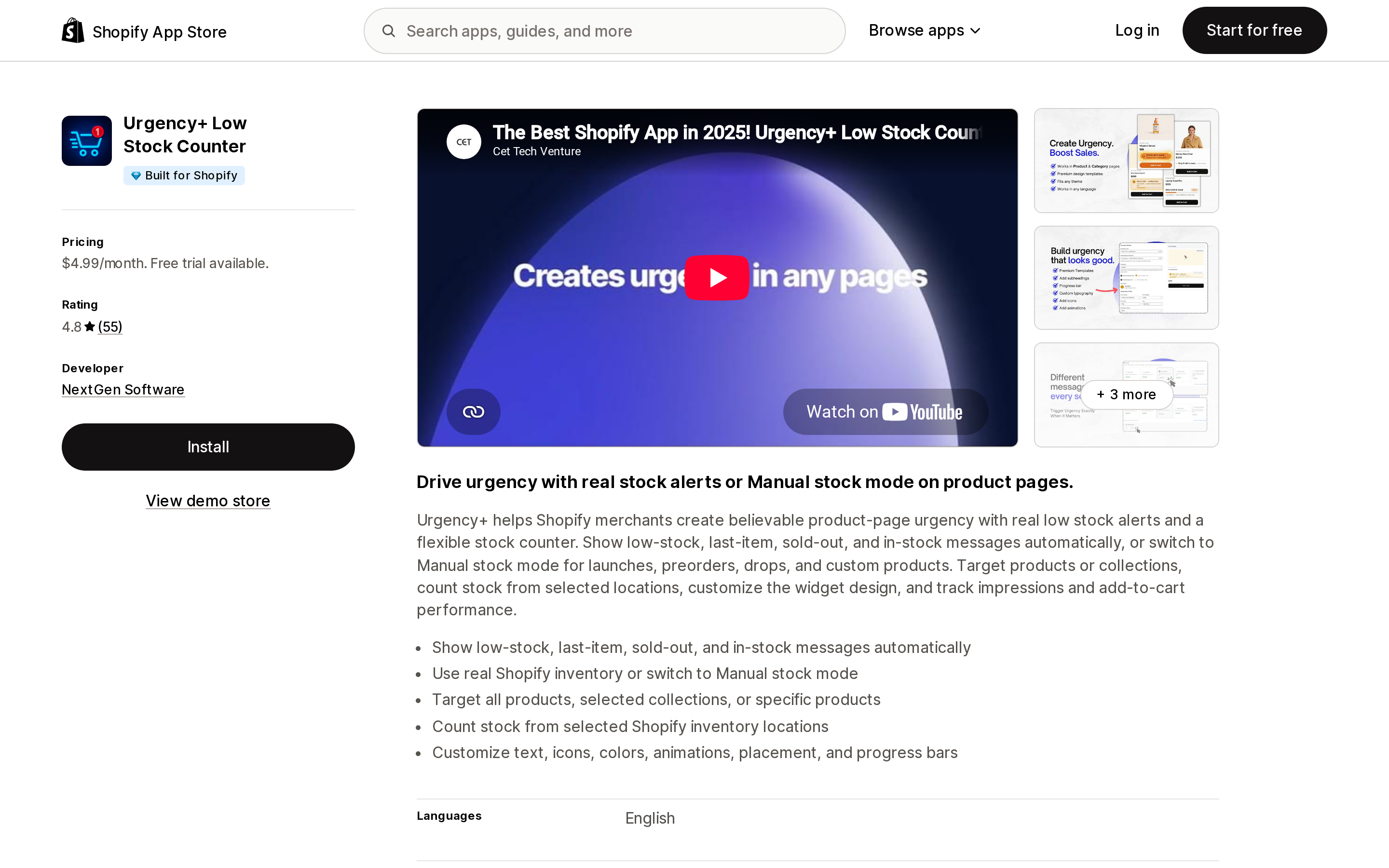 Shopify App Store listing for Urgency+ Low Stock Counter, showing the Built for Shopify badge, a 4.8 star rating from 55 reviews, and a headline offering real inventory or Manual stock mode