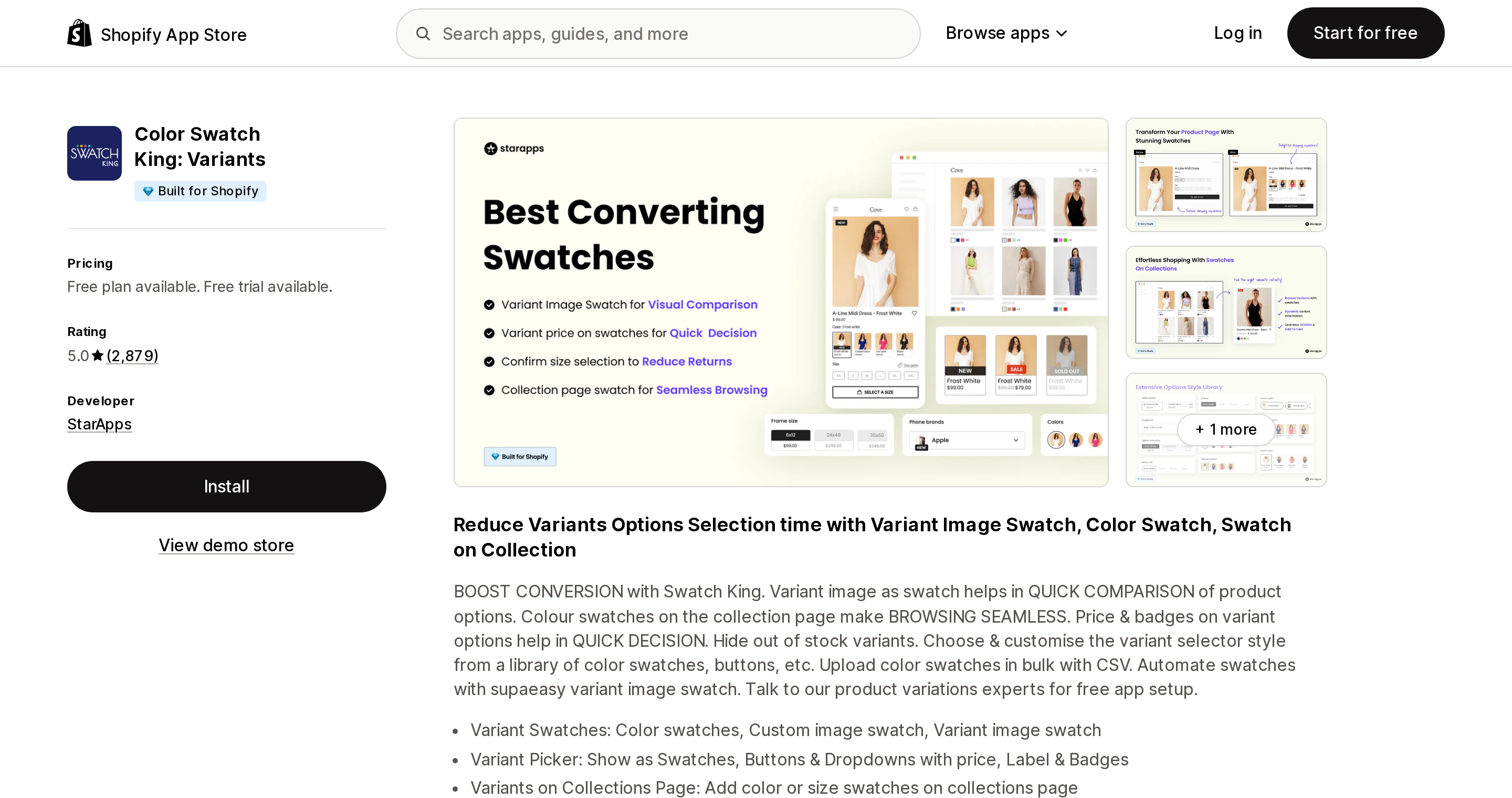 Top of the Shopify App Store listing page for Color Swatch King: Variants