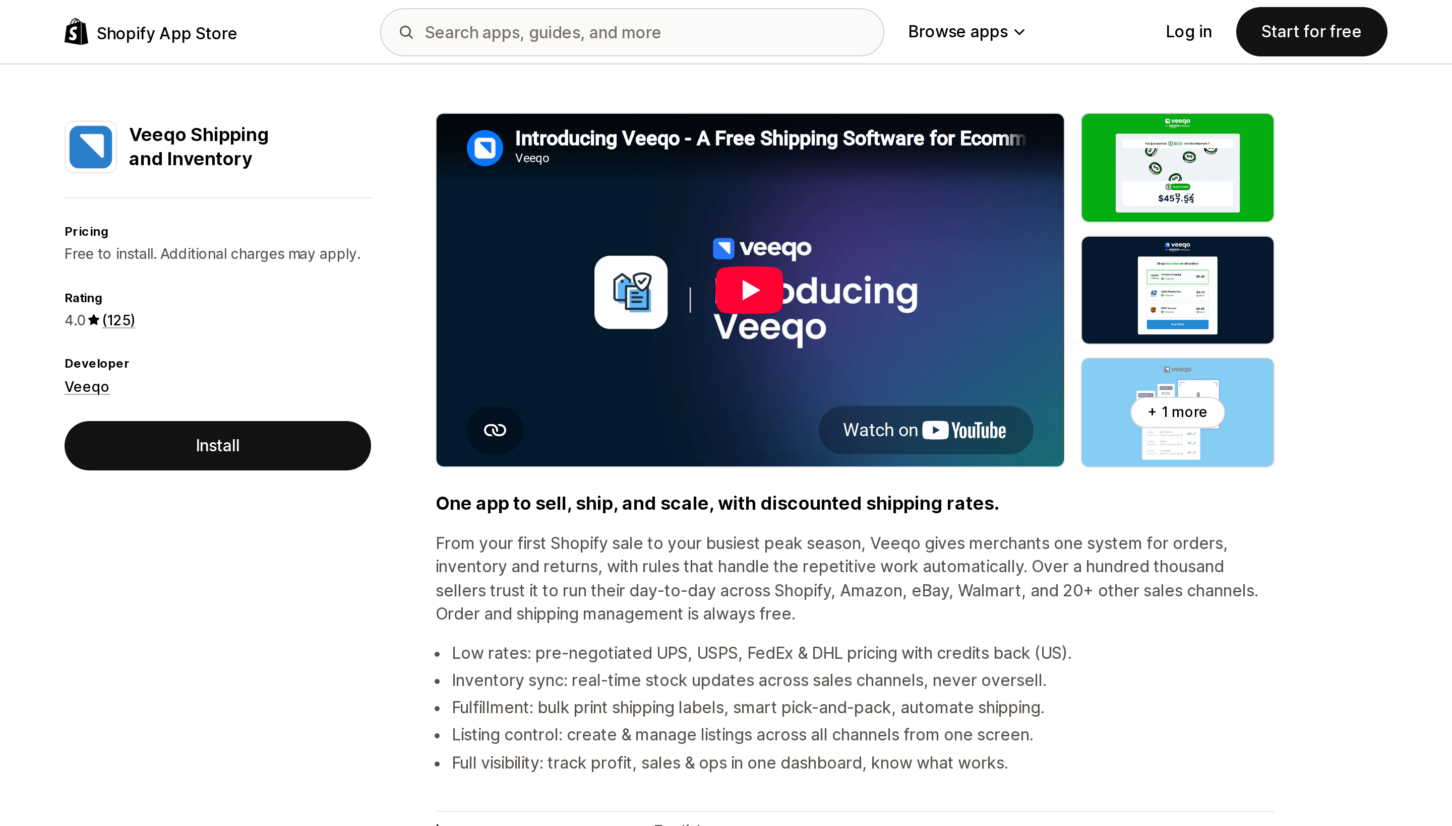 Top of the Shopify App Store listing page for Veeqo Shipping and Inventory