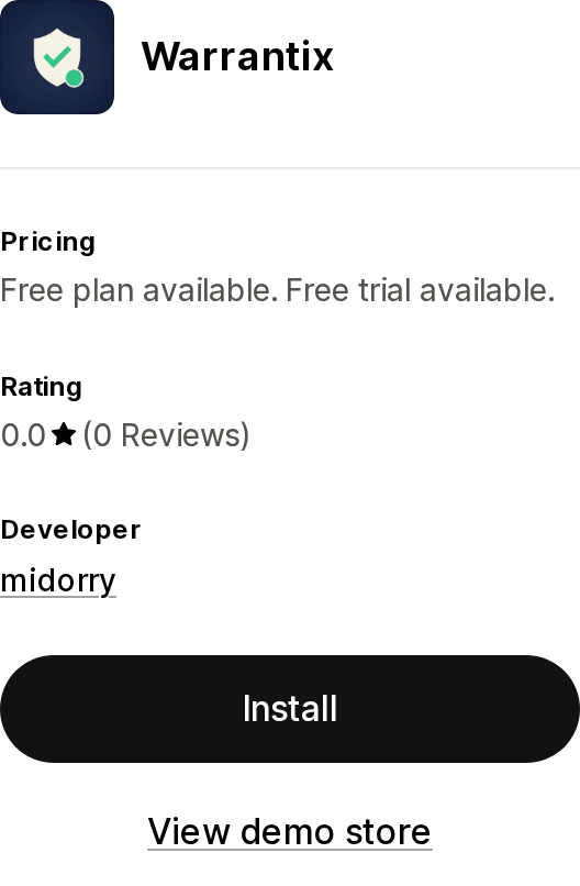 Top of the Shopify App Store listing page for Warrantix by midorry, a warranty registration app with no reviews yet
