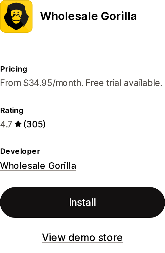 Top of the Shopify App Store listing page for Wholesale Gorilla