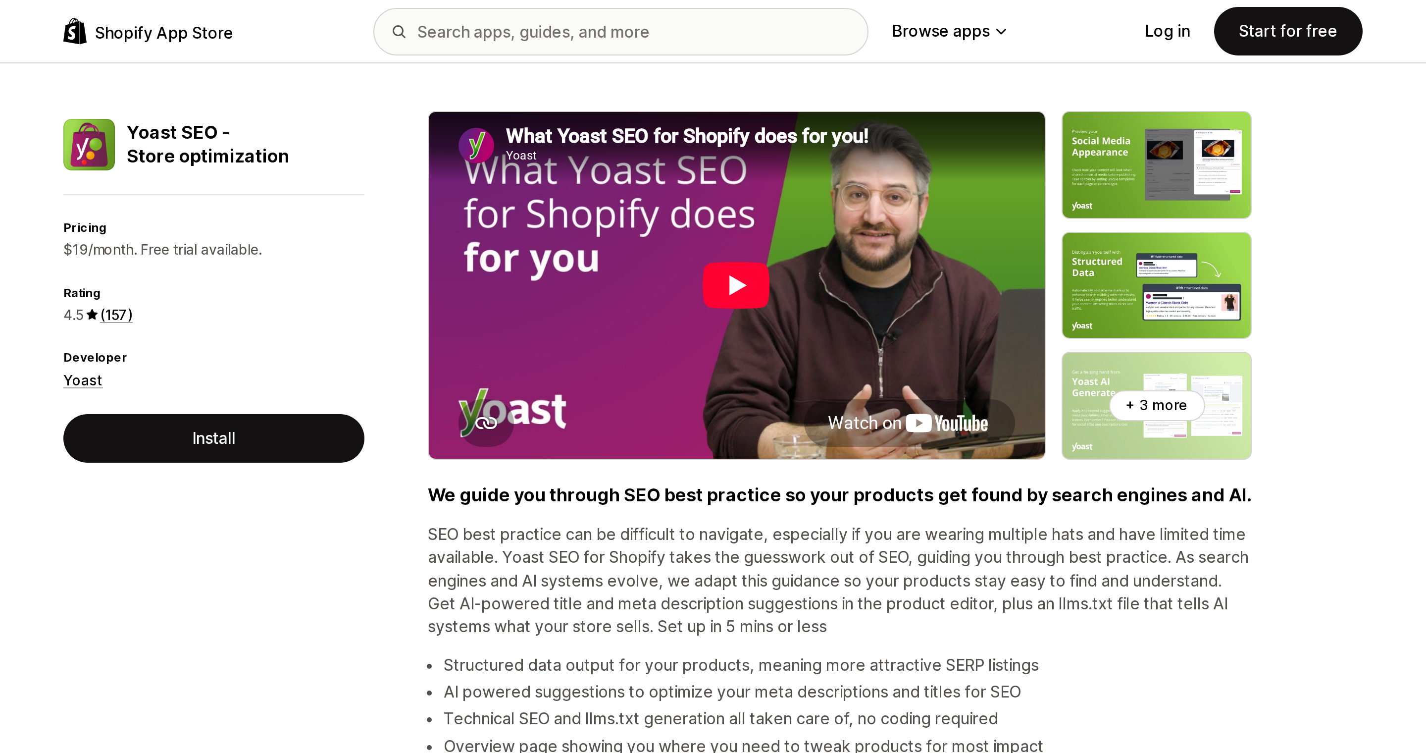 Top of the Shopify App Store listing page for Yoast SEO ‑ Store optimization