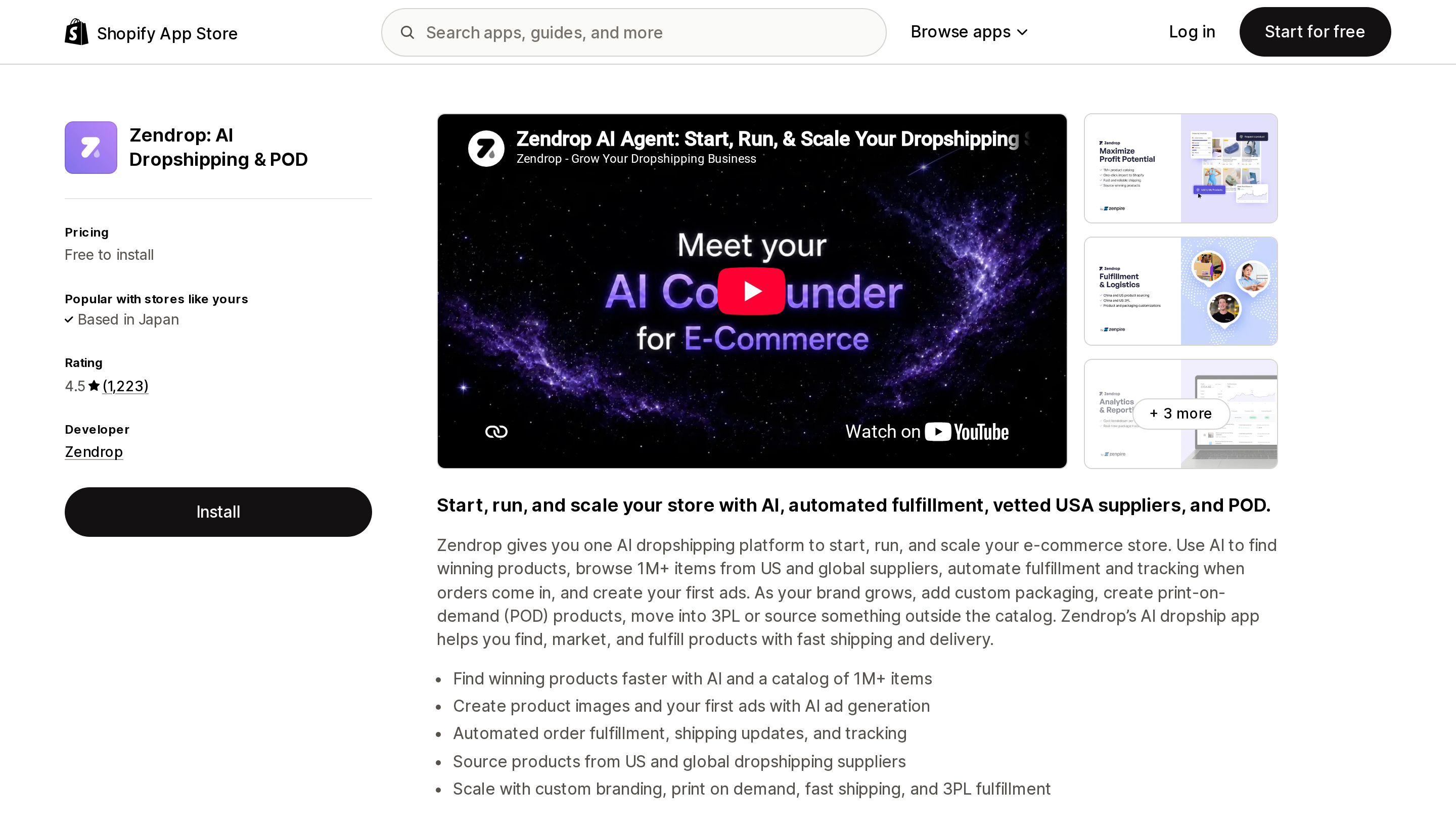 Top of the Shopify App Store listing page for Zendrop: AI Dropshipping & POD