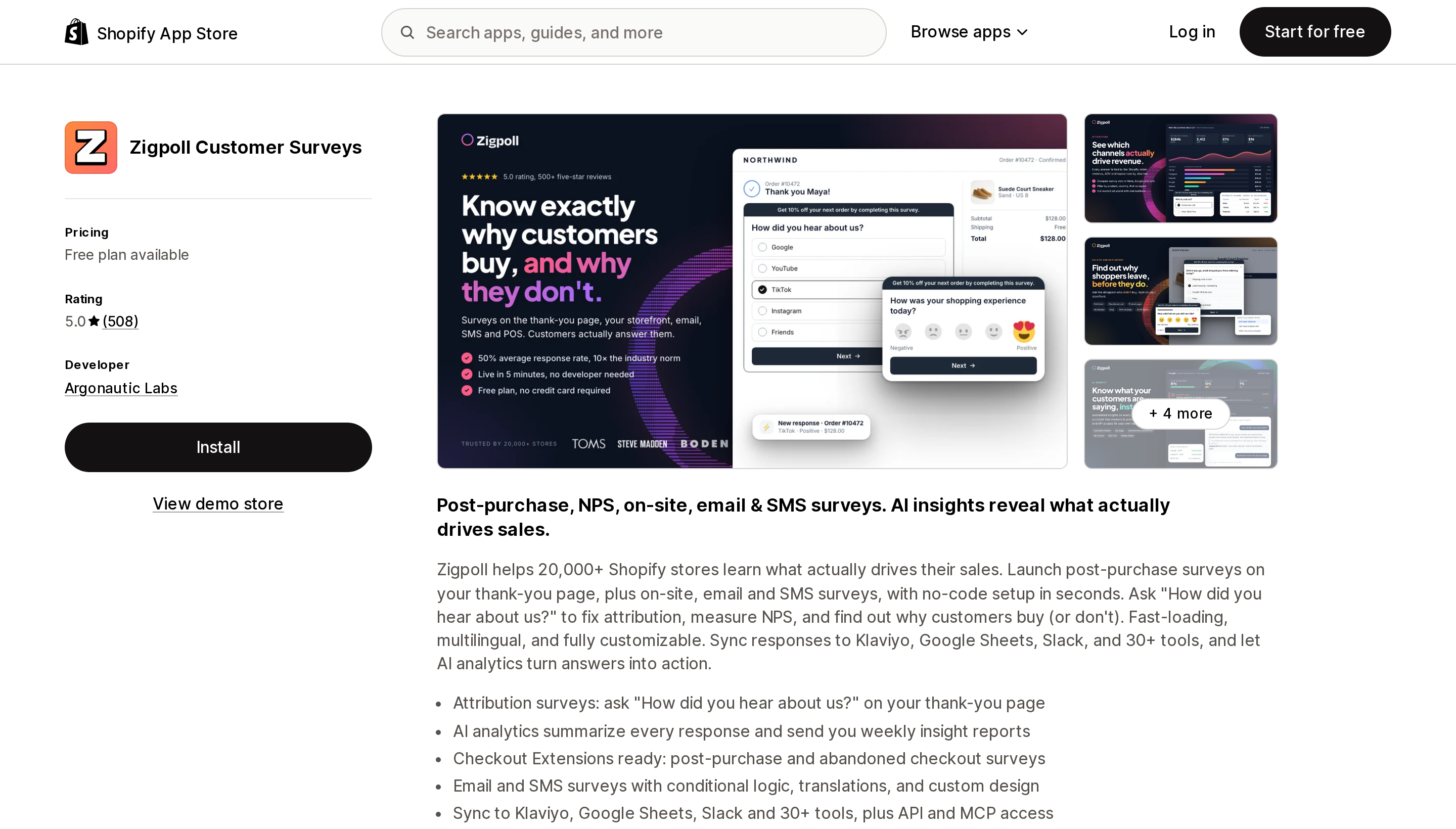 Top of the Shopify App Store listing page for Zigpoll Customer Surveys