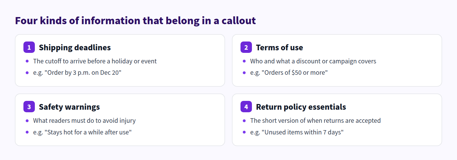 Four kinds of information that belong in a callout: 1 shipping deadlines, 2 terms of use, 3 safety warnings, 4 return policy essentials, each with an example