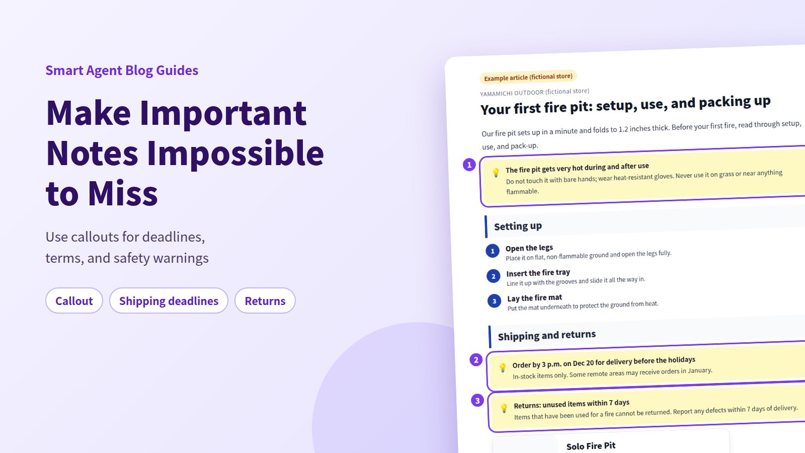 Make important notes impossible to miss: a fictional outdoor store article with callouts for a safety warning, a holiday shipping deadline, and return terms