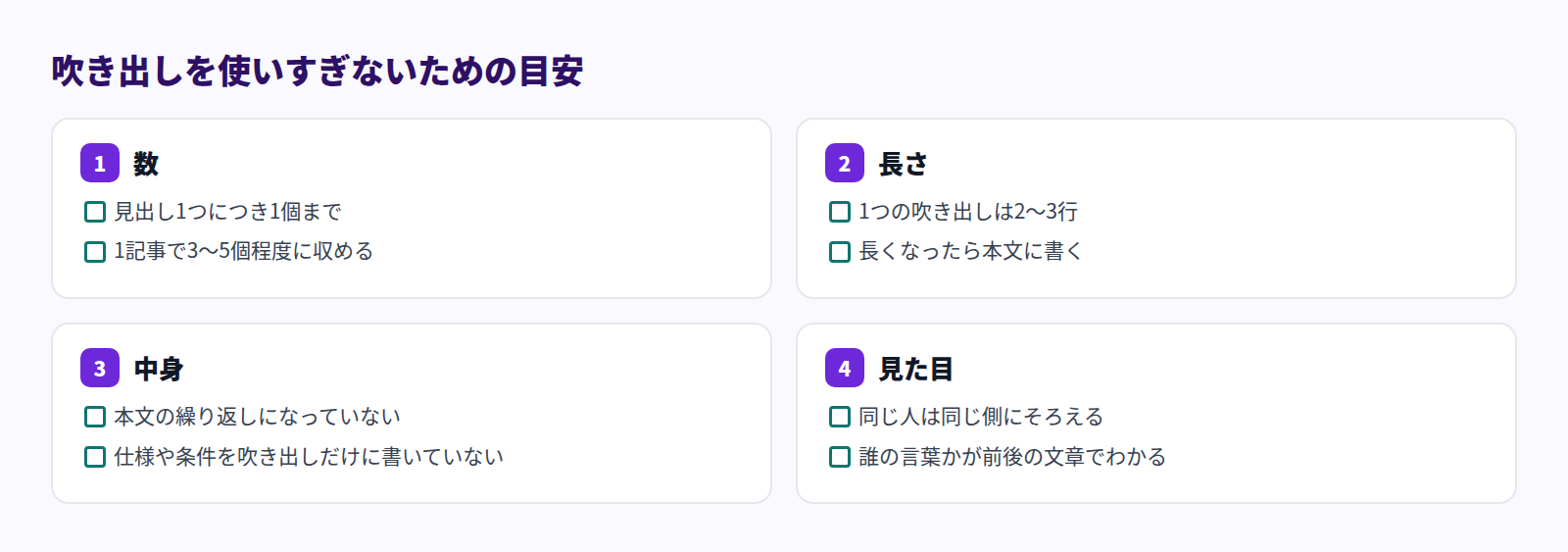 吹き出しを使いすぎないための目安。数は見出し1つにつき1個まで・1記事3〜5個程度、長さは2〜3行、中身は本文の繰り返しにしない・条件を吹き出しだけに書かない、見た目は同じ人を同じ側にそろえる