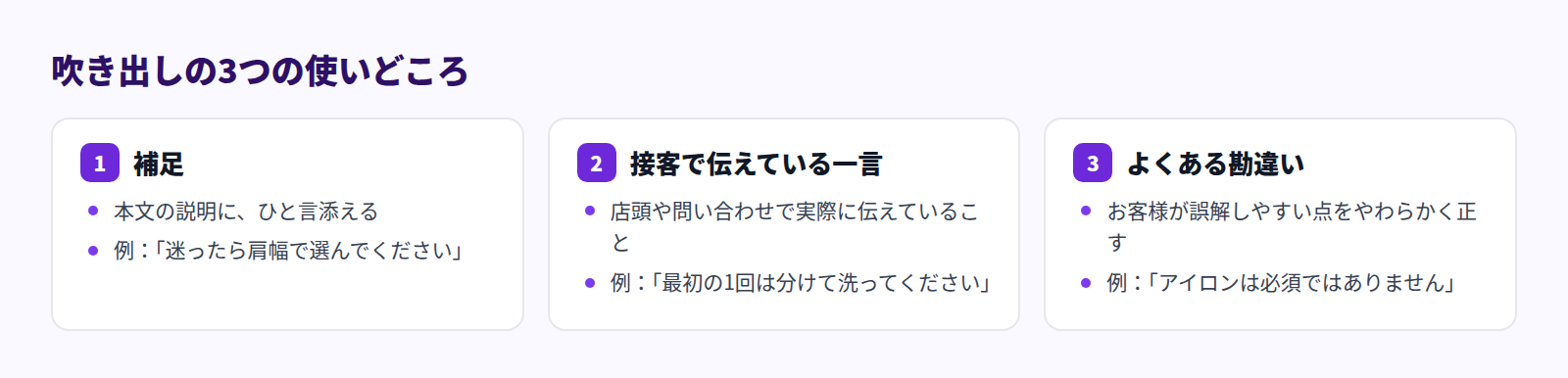 吹き出しの3つの使いどころ。1補足、2接客で伝えている一言、3よくある勘違い。それぞれに例文がある